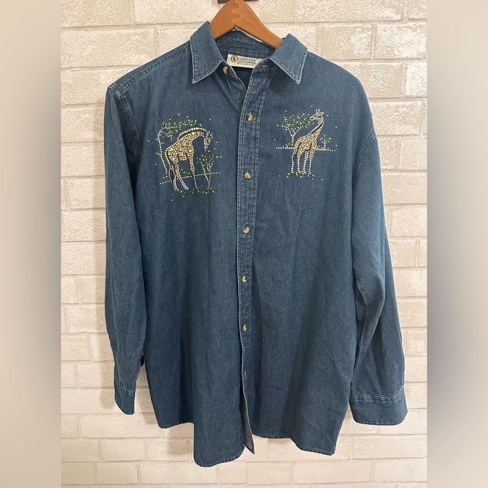 Vintage 90’s Zoo Giraffe Christine Alexander Blue Denim Shirt button Up L #1935